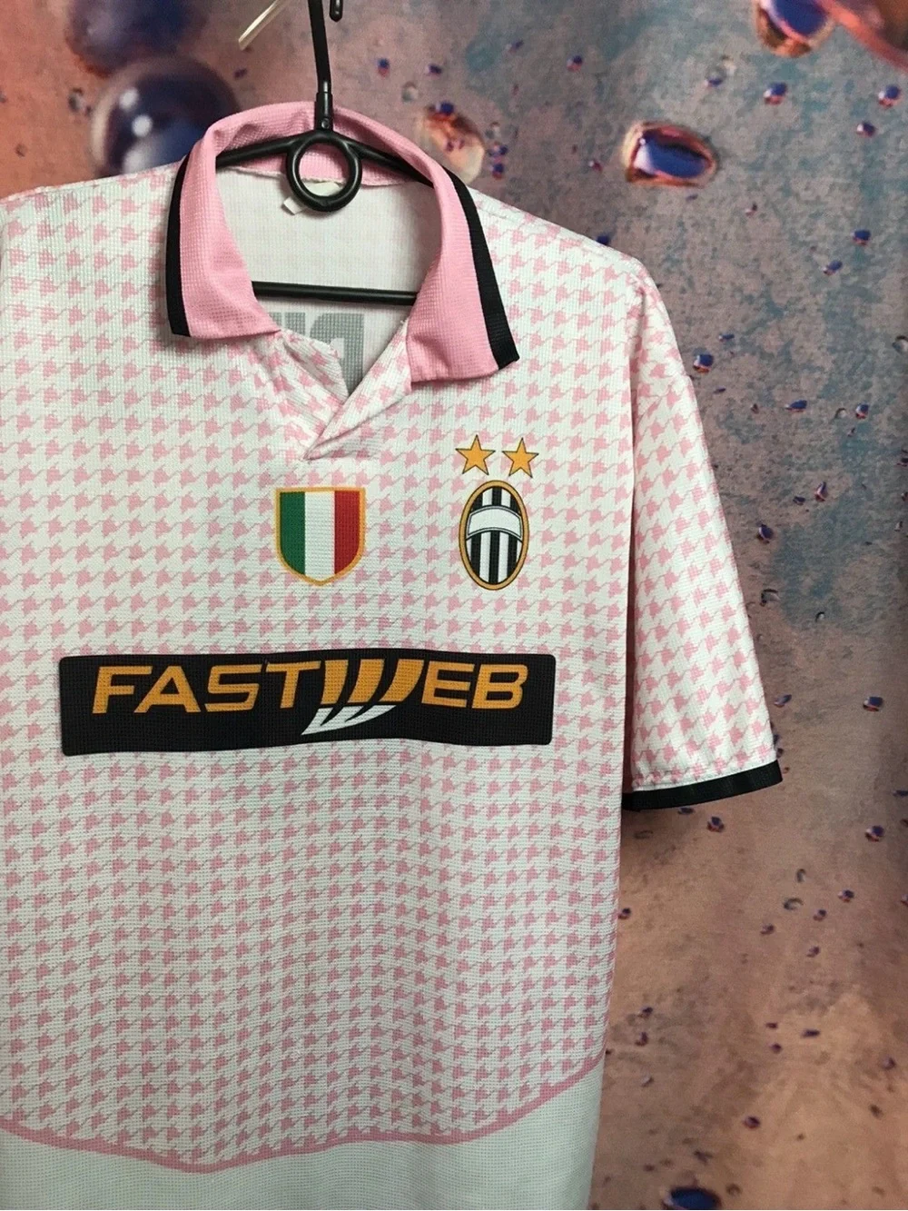AC Milan Pink Houndstooth Short-Sleeve Polo Jersey - FASTWEB Sponsor